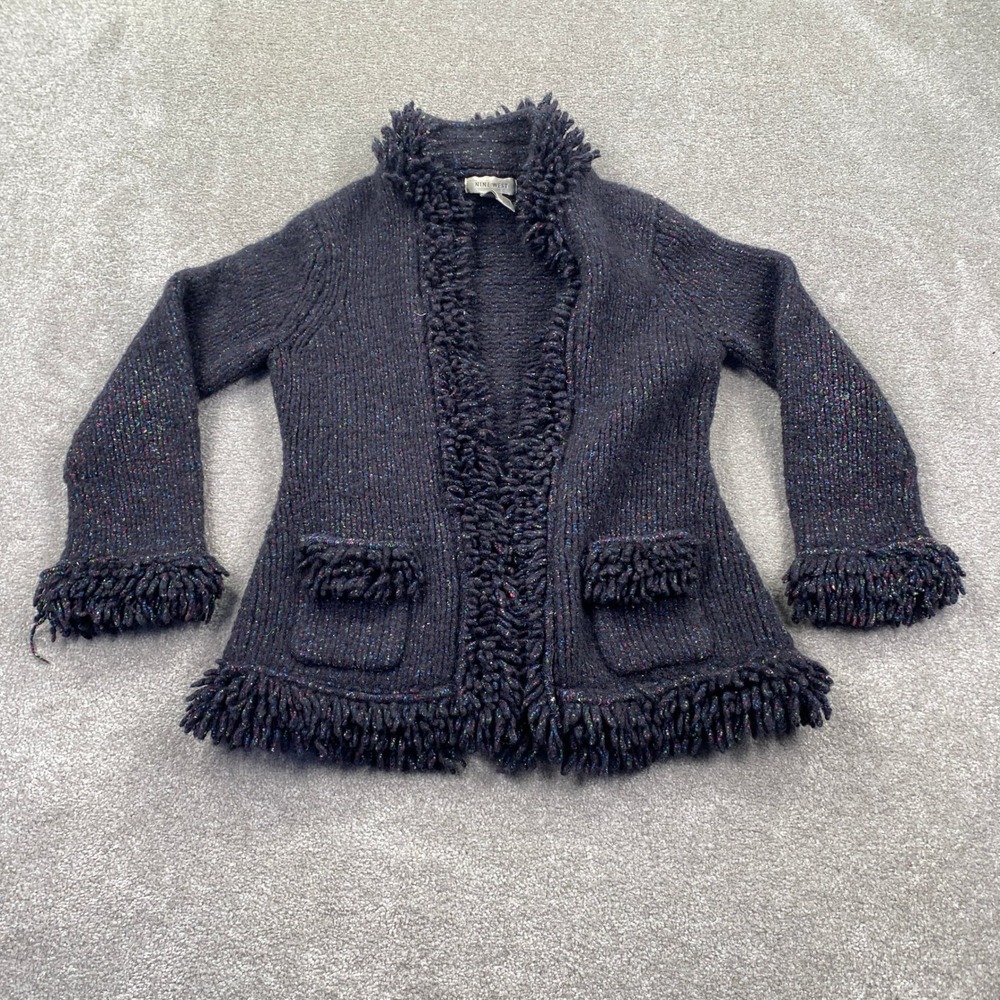 Nine West Multi Color Speckled Knit Fringe Cardigan Sweater SEE MEASUREMENTS